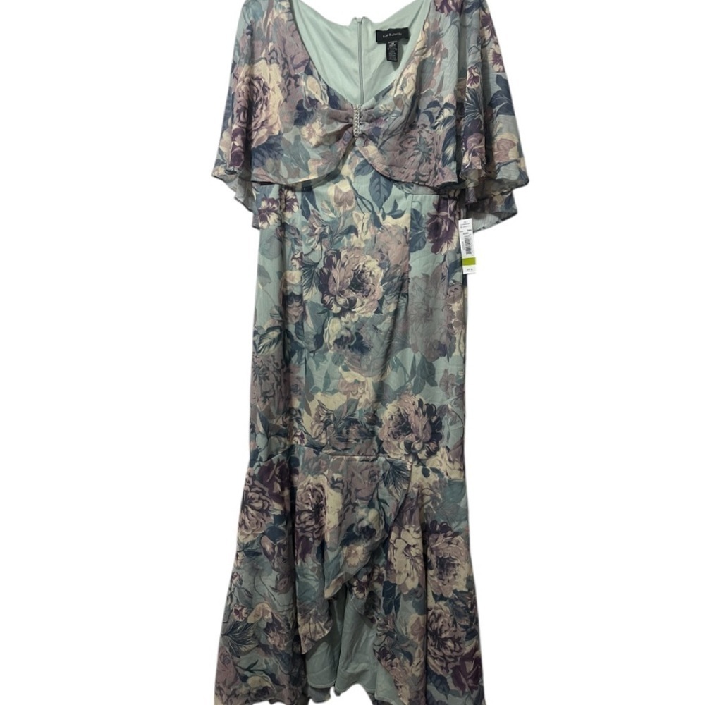R&M Richards Blue Green Flutter Sleeve V-Neck Gown